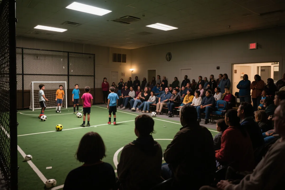 社区观赛与青少年踢球的温暖场景